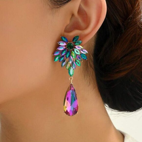 Elegant Glass Natural Earrings Green Pink - Picture 2 of 2